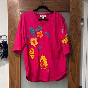 Vintage Saybury Pink Top with Embroidered Floral Butterfly Colorful Appliqués